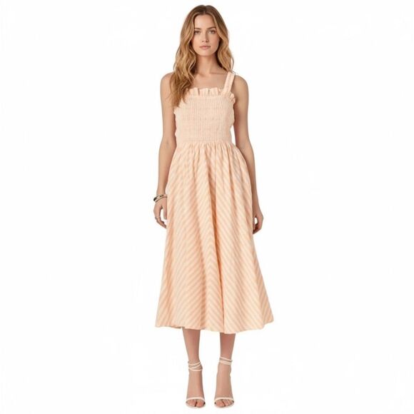 NWT English Factory Orange Striped Smocked Midi Dress Size Medium - Picture 1 of 8